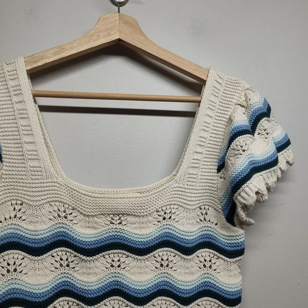Crochet Top Women L Cream Blue Stripes Short Sleeve Spring Beachy Boho Casual - Picture 2 of 7